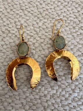 Gold Crescent Drop Earrings with Pale Green Stone